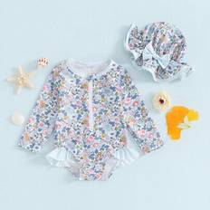 2st Baby Girl Rash Guard Baddräkt Långärmad Blommönstrat Baddräkt Spädbarnsbadkläder med Bowknot Solhatt Set - Blå (6-9M,9-12M,12-18M,18-24M,3-6M)