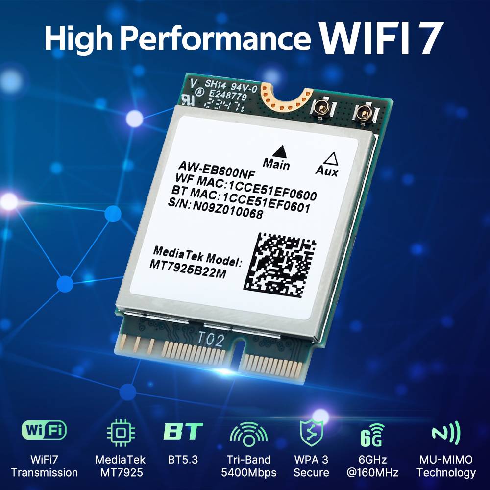 WiFi 7 MT7925 M.2 NGFF Wireless Adapter Tri Band 2.4G/5G/6GHz BT 5.4 802.11AX Wireless Card With Antenna Kit For PC Win 10/11