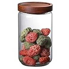 Förvaringsburkar med lock av trä, 500 ml/750 ml/1 000 ml lufttät förvaringsburk glas, eleganta glasbehållare, kryddburkar runda, BPA-fri silikontätning, för kex, te, socker, kaffebönor (750 ml)