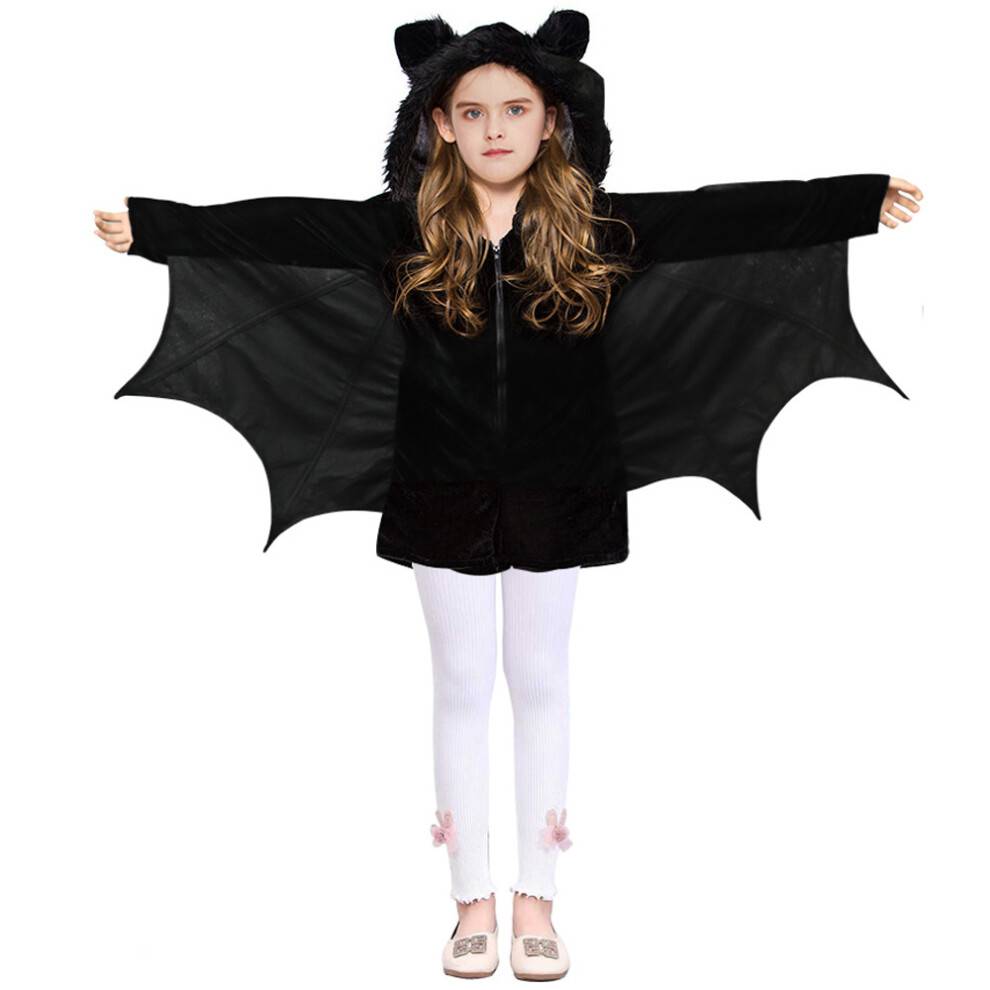 Flagermuskostume til børn, unisex vampyr-flagermuskostume med hættedesign, Halloween-kostume til børn med kunstpelskant og flagermusvingeærmer,
