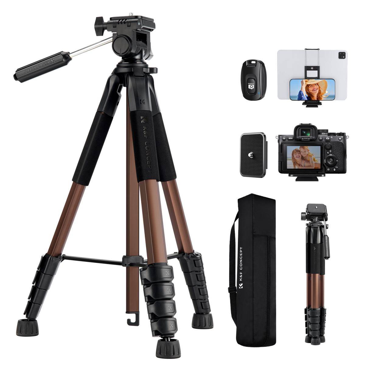 KENTFAITH 75" Camera Tripod, Lightweight Portable Travel Outdoor DSLR Tripods for Camera Phone Video Recording Tripod Stand, Cellphone Clip for Smartphone Live Streaming Vlog (Bronze Gold, 75'')