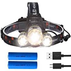 Pannlampa, ficklampa USB-laddningsbar – LED-ljusaste 6000 lumen arbetspannlampa, IPX6 vattentät och 18650 ficklampa med zoombar arbetslampa, pannlampor för camping, vandring, utomhus