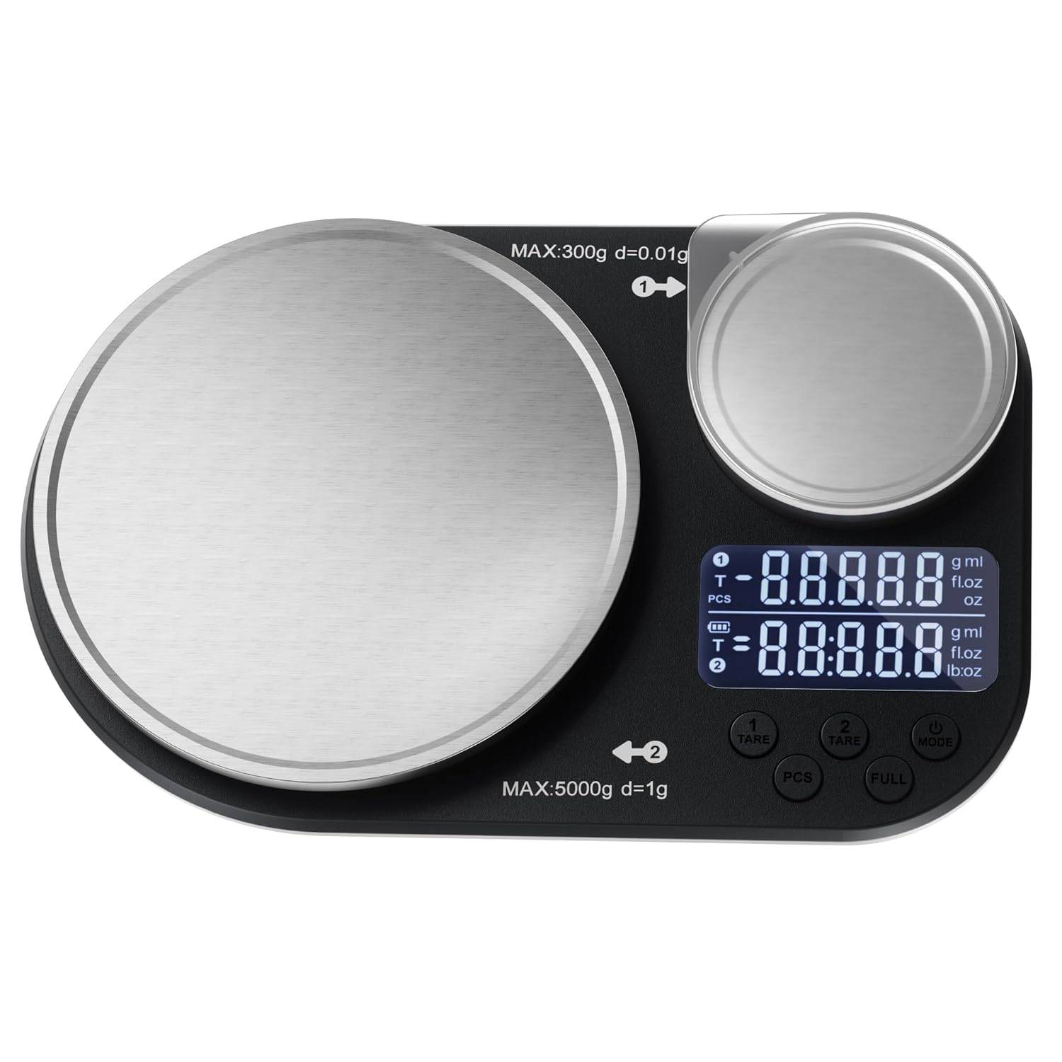 Dubbel plattform 300g/5kg Dubbel plattform Digital köksvåg i rostfritt stål Noggrannheter 0.1g 1g Flera enhetsomvandlingar