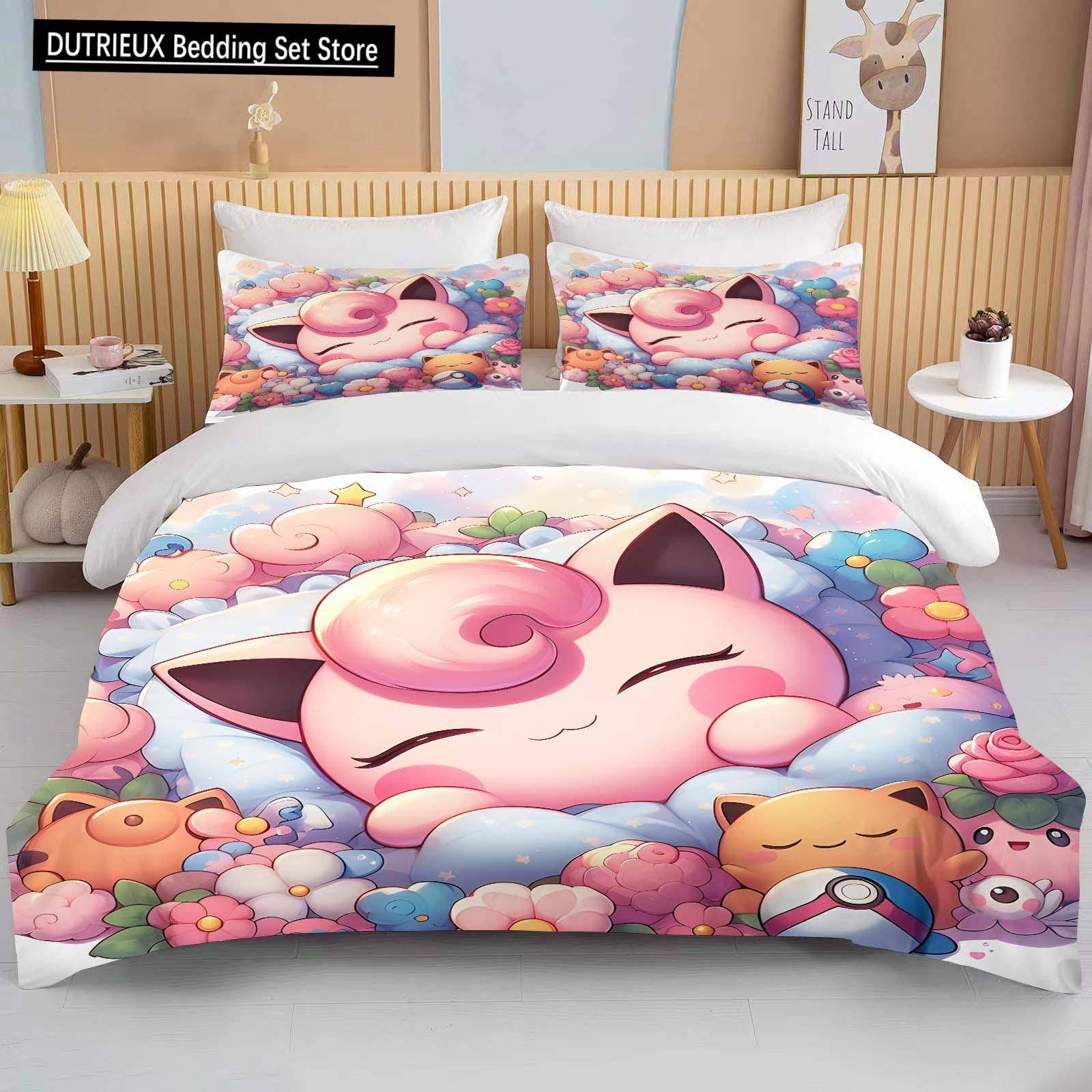 10 Storlekar Pokemon Jigglypuff Tryck Rosa Sängkläder Set Påslakan 1 Påslakan 2 Örngott Vuxen och Barn Sängkläder Set Lyx EU single(135x200cm)