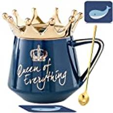 Arawat Queen Of Everything Mug Med Lock Söt Mugg Present Med Krona Blå Kaffemugg Med Sked Och Underlägg 350 Ml Keramisk Te Mugg Födelsedagspresent Till Kvinnor Flickor Mamma Flickvän