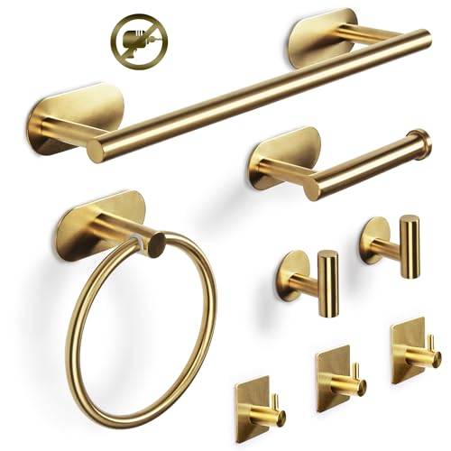 Virklyee 8 PCS badrum handdukstork set toalettrullehållare, handduksring, 2st handdukskrokar, 3 multifunktionella krokar, självhäftande badrumstillbehör väggmontering för badrum kök kontor (Guld)