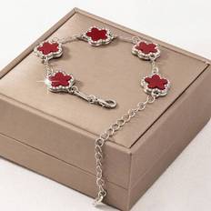 1 st elegant armband med rödklöver och strassdekorationer för kvinnor, lämpligt för vardagsbruk (ingen presentask) - Silver (En-Storlek)