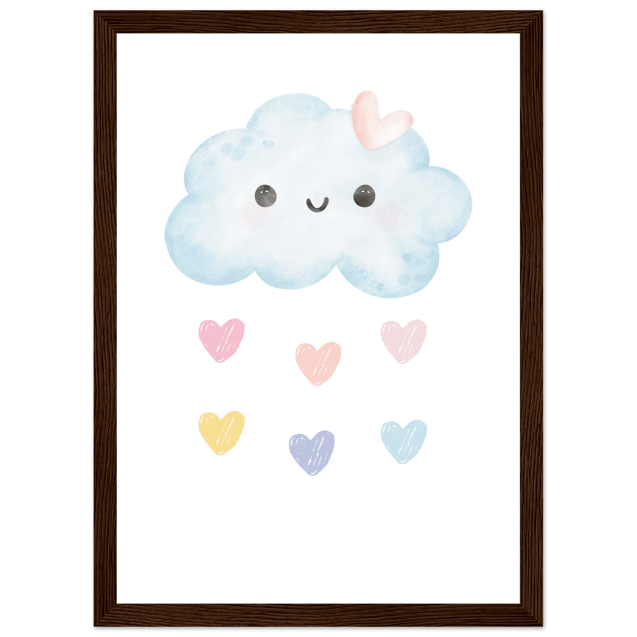 Moln och hjärtan poster-21x29.7 cm / 8x12" / Med ram / Mörkt trä