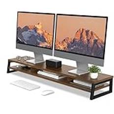 Fenge Dubbel bildskärmstativ upphöjare, 108 cm, stor datorskärmsstativ med trähylla, 2 nivåer, skrivbordsorganisatör för dator, PC, bärbar dator, skrivare, TV-skärm, brun