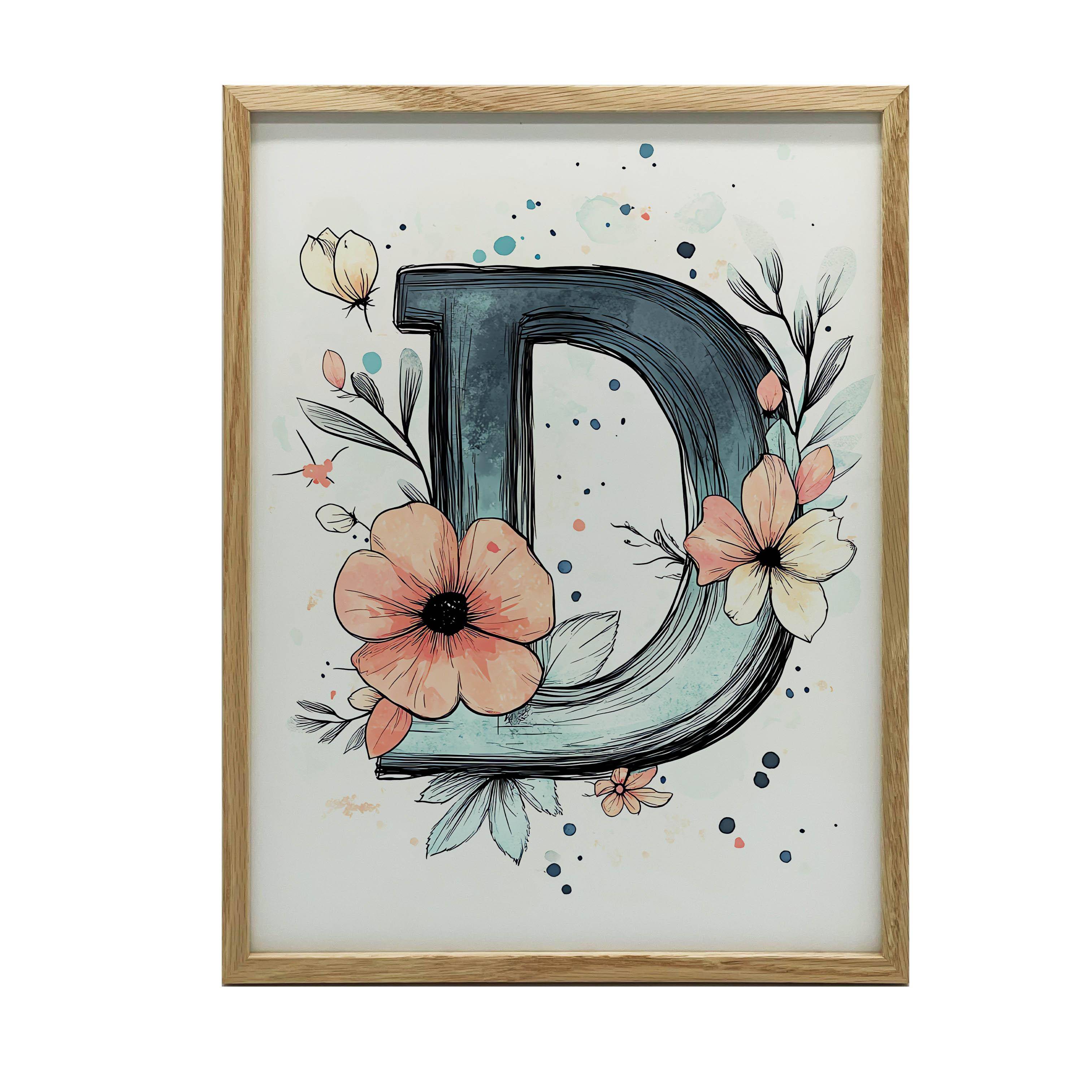 Affisch Bokstaven D I Blommig Ram Affisch Bokstaven D I Blommig Ram, 50X70 Cm, Guld Aluminiumram, Matt Papper 230 Gsm 54