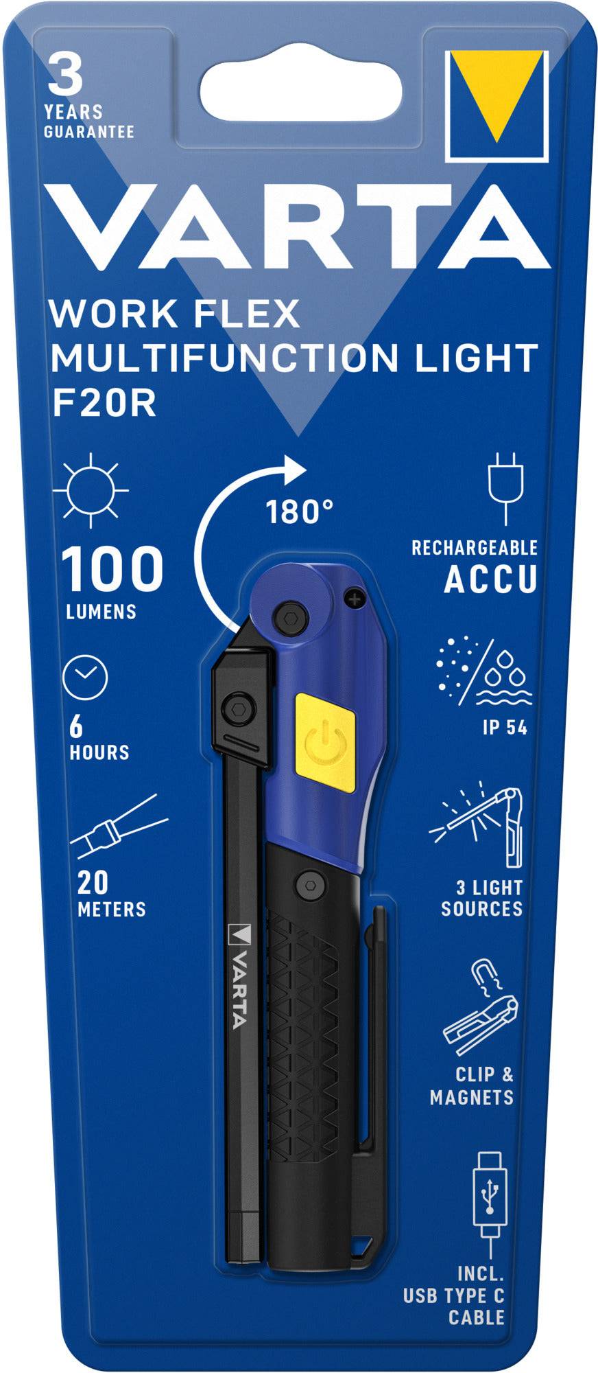 VARTA Work Flex Multifunction Light F20R – Uppladdningsbar Arbetslampa med 3 Ljuslägen & Magnetfäste