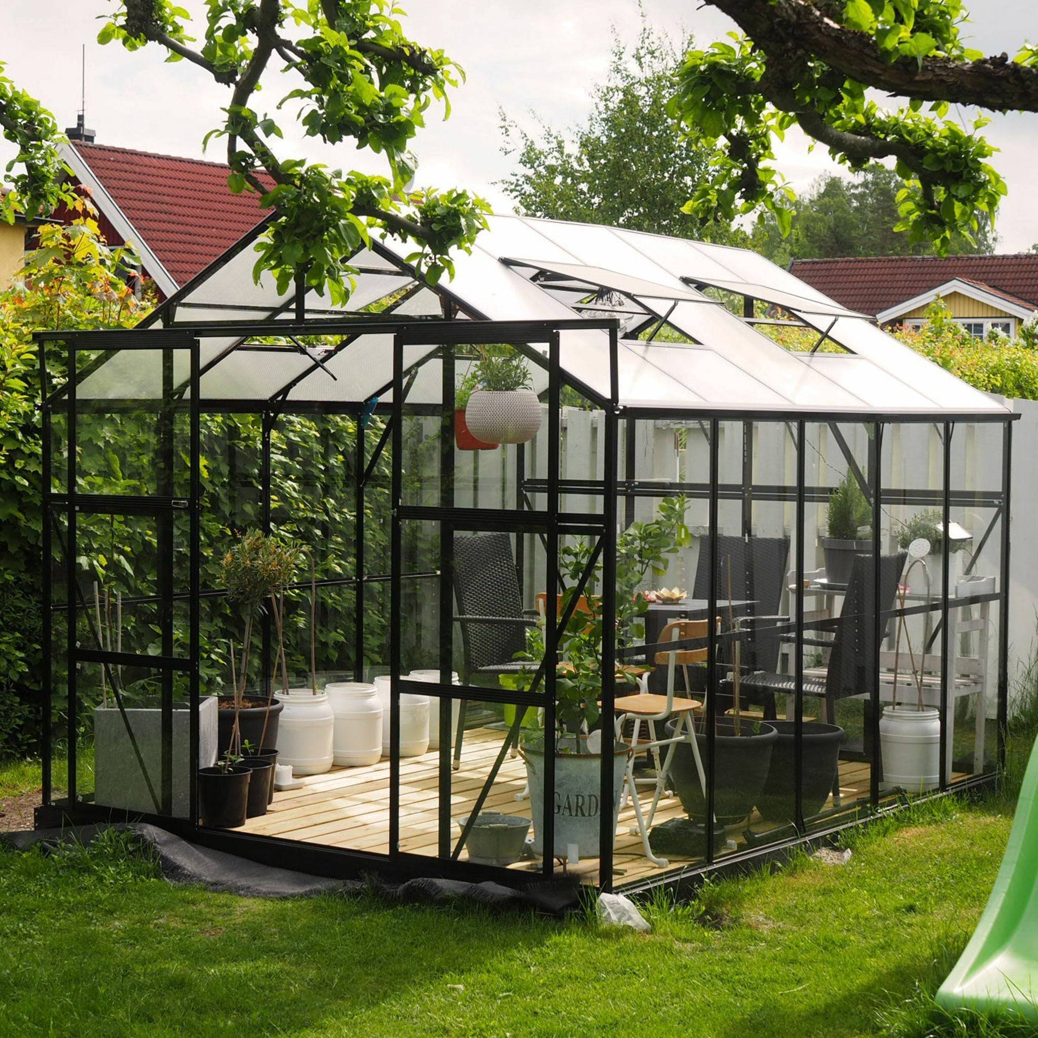 Metalcraft Drivhus, 6,4m², 4mm sikkerhedsglas, sort.