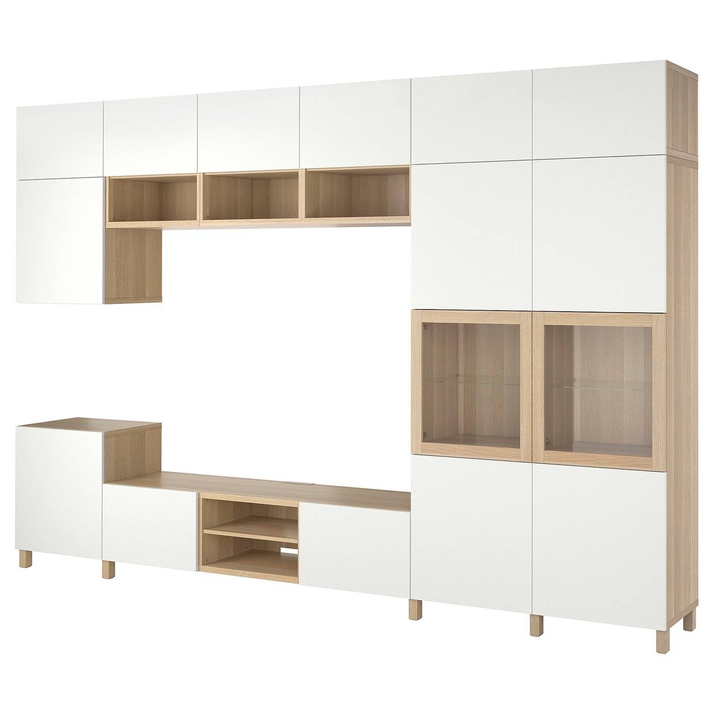BESTÅ tv-förvaring kombination/glasdörrar, vitlaserad ekfaner Lappviken/Sindvik vit, 360x42x240 cm