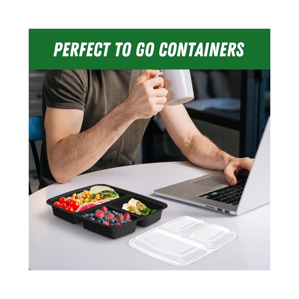 50 Pack 32 Oz Meal Prep Containers Reusable with Lids 3-Compartment, to Go Take Out Plastic Food Storage Containers