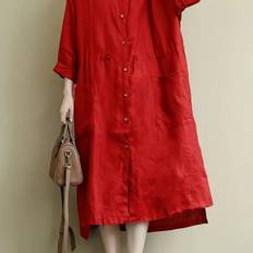 TEMU Size Loose Red Linen Shirt Dress - 55% Linen 45% Cotton , Asian Style Lapel Collar, Non-stretch Fabric, , , Button , Shirting Dress With Traditional Asian Design