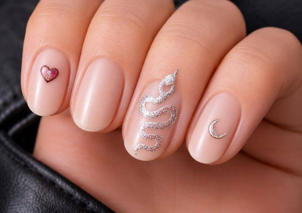 Bestel zilveren glitter-Nail stickers met coole symbolische ontwerpen!