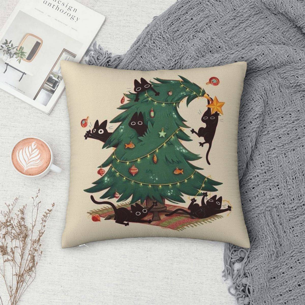 Cartoon Black Cat Decorates Christmas Tree Square Pillowcase Pillow Cover Cushion Decor Comfort Throw Pillow for Home Car