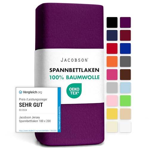 Jacobson Jersey Spannbettlaken Spannbetttuch Baumwolle Bettlaken (90x200-100x200 cm, Royal Lila)