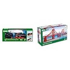 BRIO World Batteridriven Ånglok med Vattentank, från 3 år & BRIO 33683 Hängbro | Double Suspension Bridge 5 delar. Leksakstågstillbehör och skenor i trä. För barn från 3 år. För tågälskare.