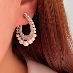 1 par fashionabla geometriska örhängen med faux pärlor, europeiska och amerikanska överdrivna örhängen med stora ringar, exklusiva och tunga örhängen - Silver (En-Storlek)