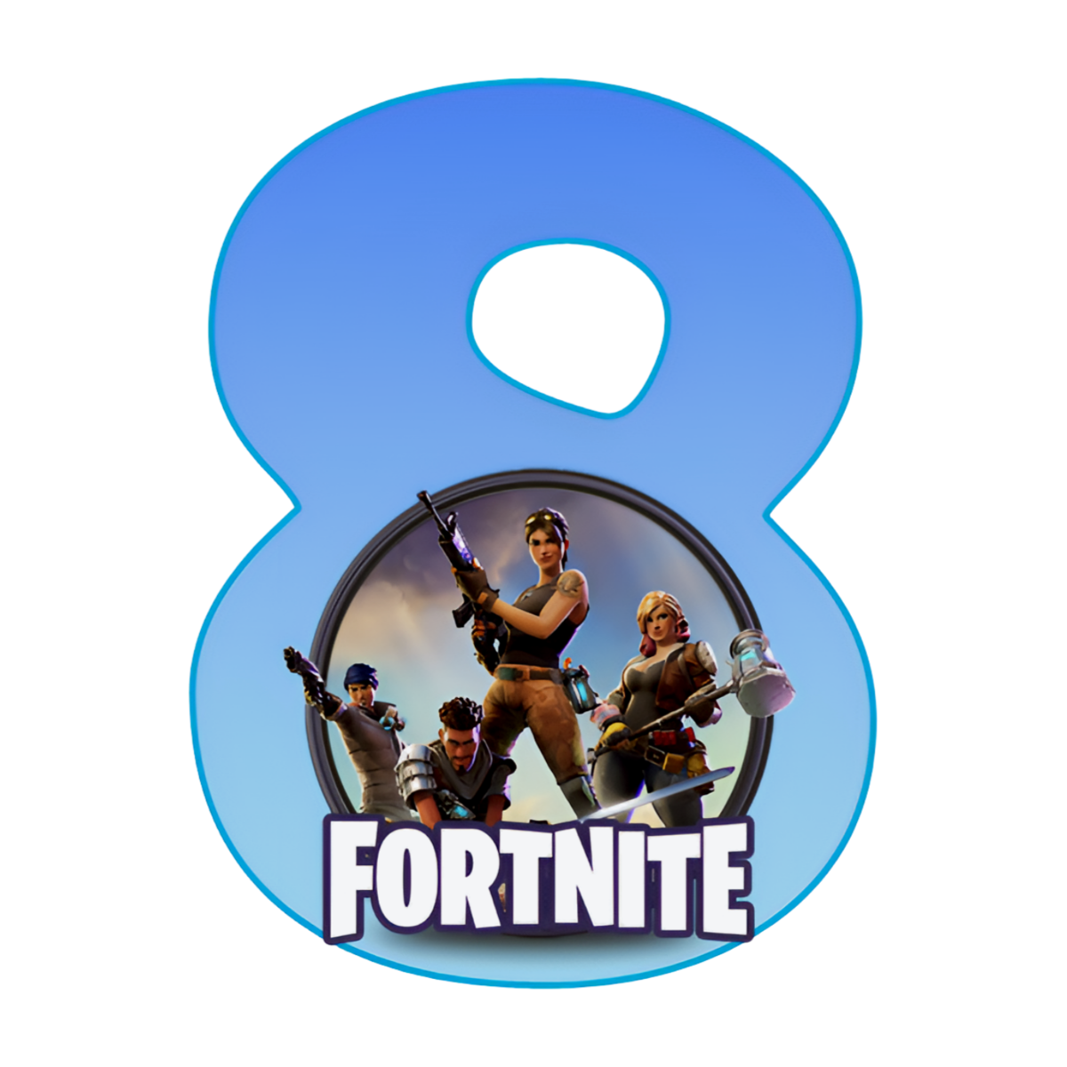Fortnite sukkerprint med blåt 8-tal og helte Ø2–28 cm - 3,8 cm - 30 stk