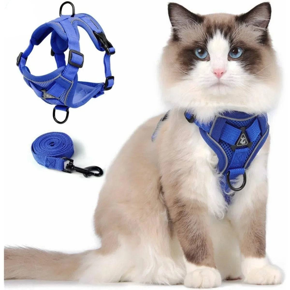 Adjustable Cat Vest Harness and Leash Set - Reflective Trim for All Sizes - Blue / L (L)