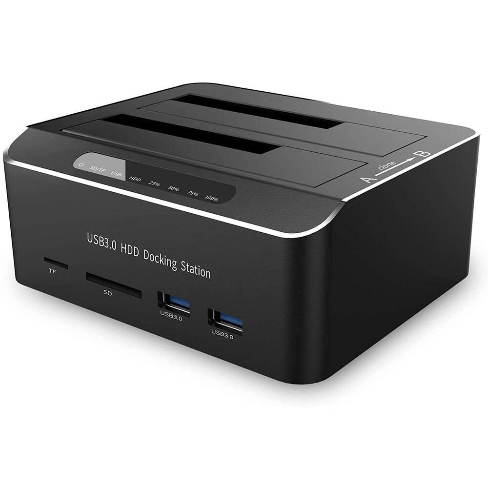Hårddisk dockningsstation usb 3.0 aluminium dubbelfack hårddisk docka för 2.5 " 3.5 " sata hdd ssd med sd tf kortläsare utan verktyg