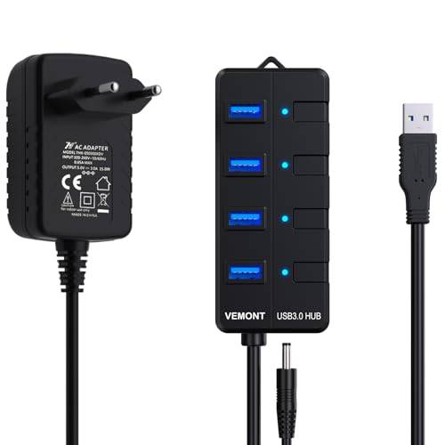 USB-hubb med strömförsörjning, VEMONT 4-portar, USB 3.0-hub, USB-distributör, aktiv adapter och enskilda på/av-brytare, 1,2 m lång kabel med 5 V/3 A nätadapter för PC/bärbara datorer och ultrabooks