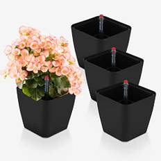 CPROSP 4 x självbevattningskruka med vattennivåindikator, örtkruka självbevattnande 13,7 x 13,5 cm, blomkruka vattenbehållare med kruka i kruksystem, blomkruka för lata svart