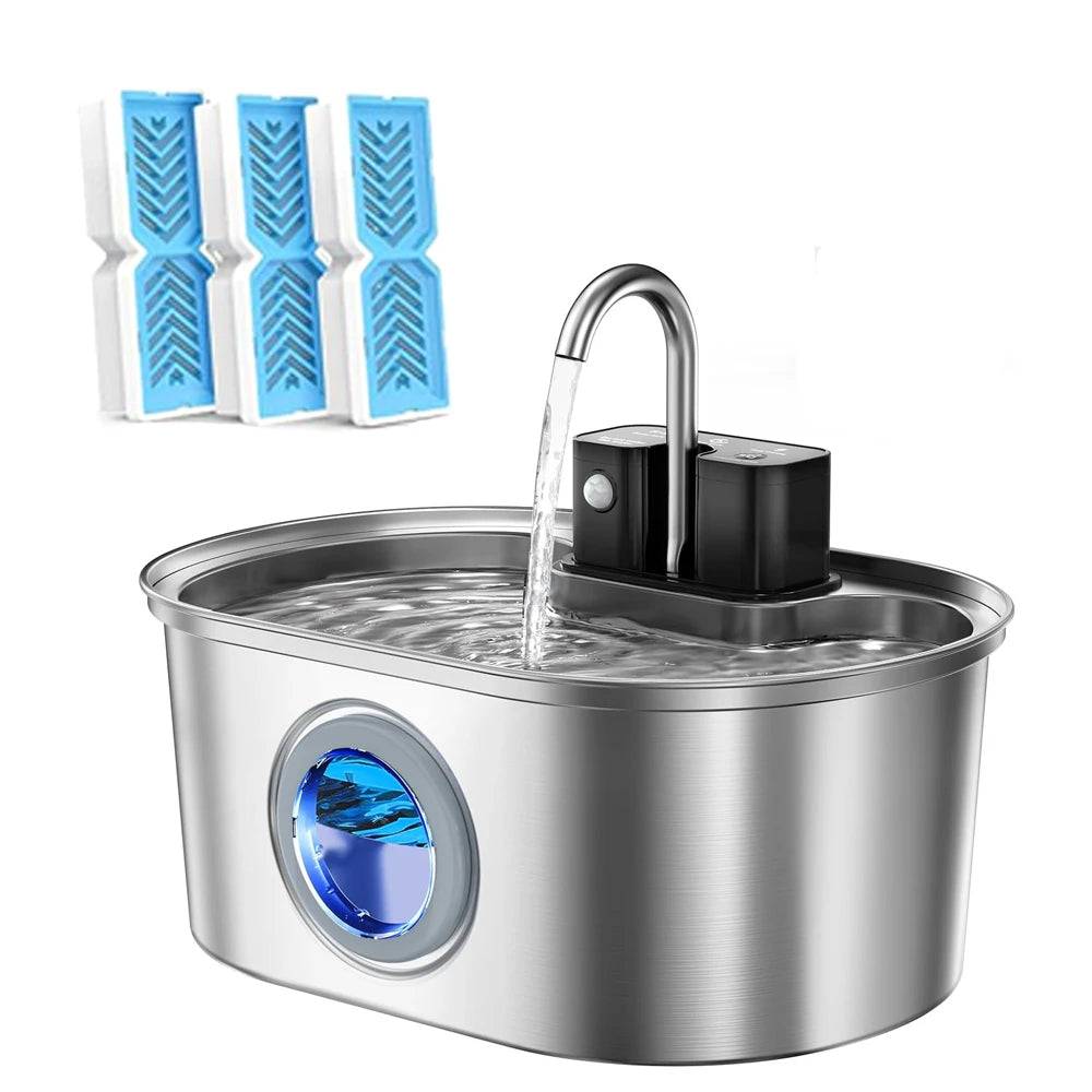 3.2L Wireless Stainless Steel Pet Water Fountain with Visual Window - Fountain and 3 chips