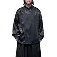 Herr kinesisk stil långärmad skjorta med grodknappar mandarin krage tang kostym höst, Svart, XL