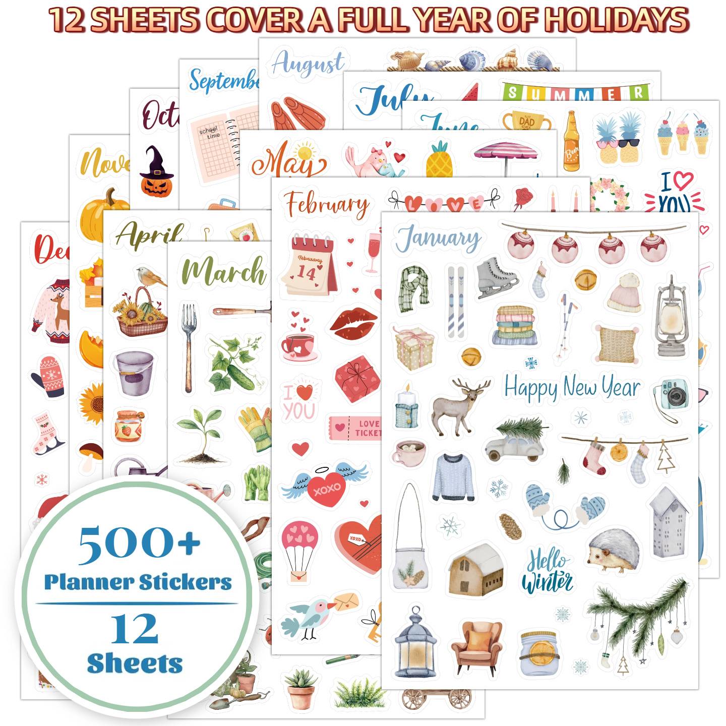 New Style 12-month High-resolution Holiday Calendar With Delicate Stickers, Daily Planner, Seasonal Planner - Vintage Seasonal Sticker Pack, 12 Sheets, 500+ Stickers
