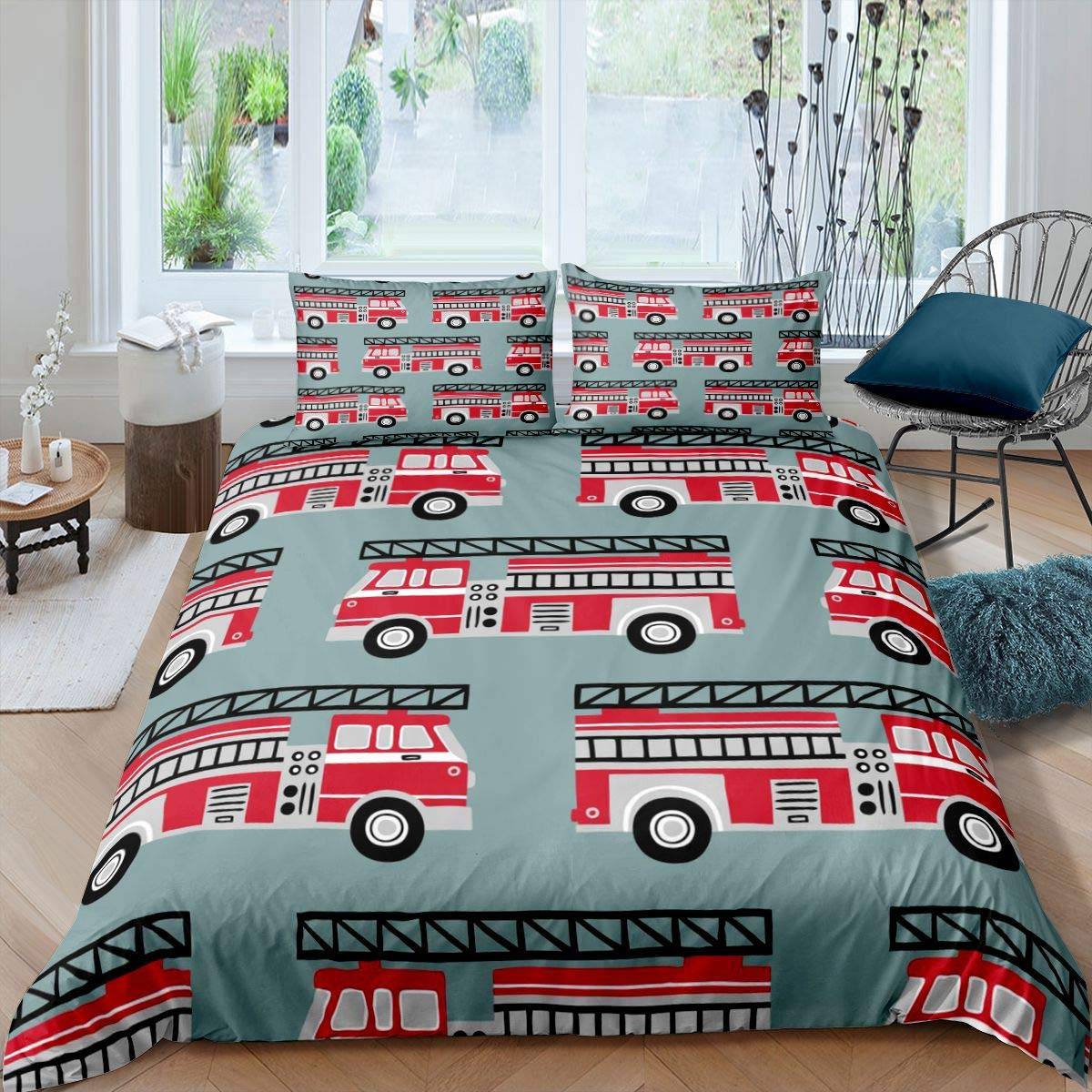 Brandbil Påslakanset Barn Brandmän Bil Fordon Sängkläder Set För Pojkar Brandbil Mönster King Size Täcke Överdrag EU Double(200x200cm)