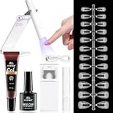 EBANKU Gel Nai Extension Kit, 3 in 1 Fast Nagellim Gelbaslack med UV Mini blixthärdande Nagellampor och 120 st Korta Mandel Naglar för Hemma along