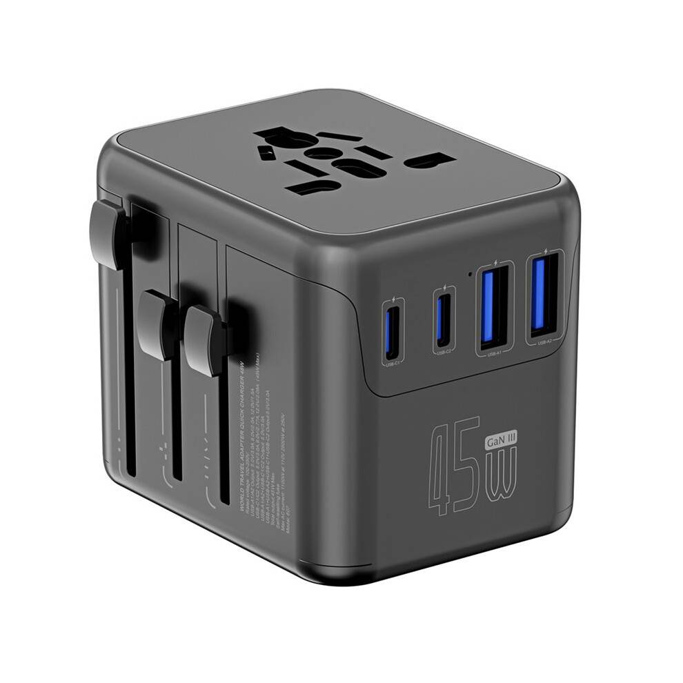 45W Global Universal Travel Socket with 2 USB-A 2 USB-C Self-Resetting Fuse Compact Multi-Port Charging Station