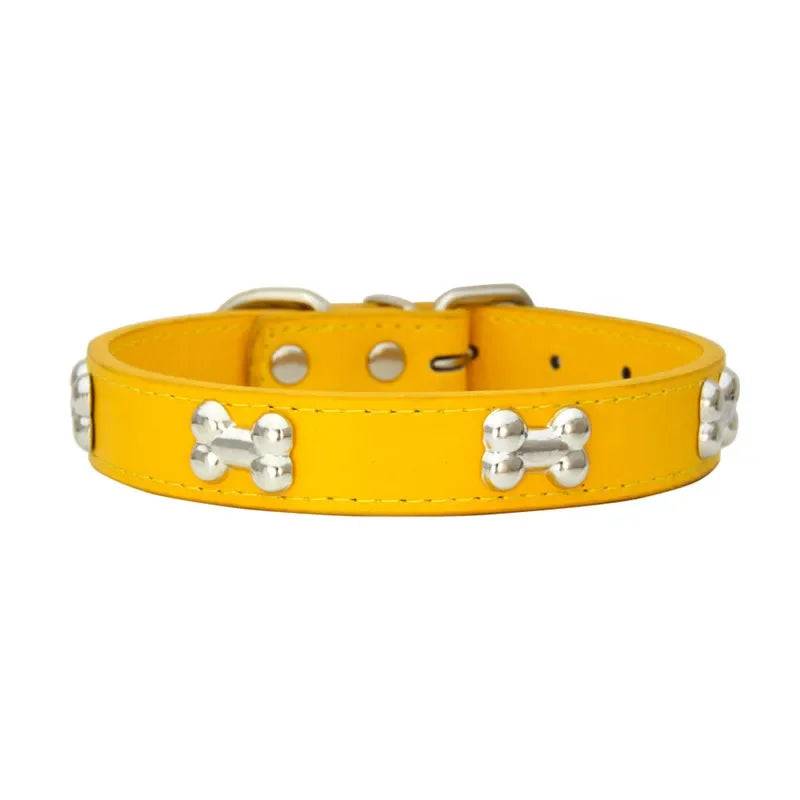 Durable Leather Dog Collar with Bone Design for Small to Large Dogs - Gold / S (S)