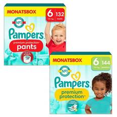 Pampers Bleesæt Premium Protection Bukser, størrelse 6, 15 kg+ (132 bukser) og Premium Protection bleer, størrelse 6 Extra Large , 13 kg+ (144 bleer)