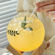 1 set 450 ml Round Moon Cocktailglas med träbotten, klart sfäriskt vinglas, smoothieskål, kreativa juiceglas, dricksglas, för bar, pub, klubb, restaur - Multifärgad (Kulformade [inklusive en uppsättning sugrör av träram] 1 st,Böj halm 1 st)