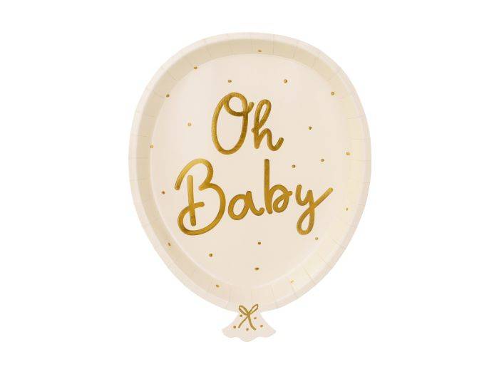 Ballonformede hvide pap tallerkner med guldprikker og guldskrift 6x - 22x17,5 cm