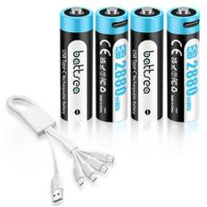 Battsea 1,5 V AA-batteri med USB, C 4-pack batterier AA, uppladdningsbart USB C-batteri, AA, uppladdningsbart, 2 880 mWh, 0,8 H, snabbladdning, 1 600 cykler, Li-Ion AA-batterier, kompatibla med