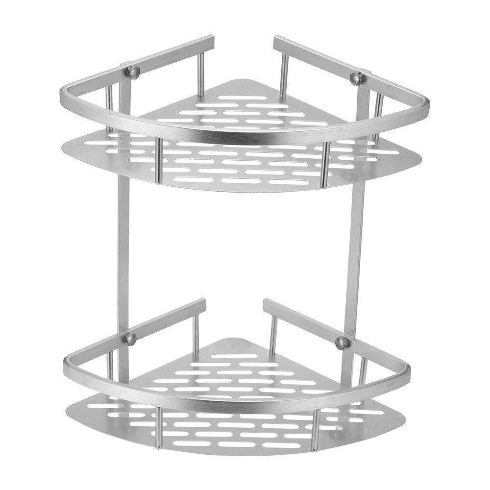 Hörnhylla för duschkabin / badrum i aluminium - Twå Hyllor - Twå krokar - Silver
