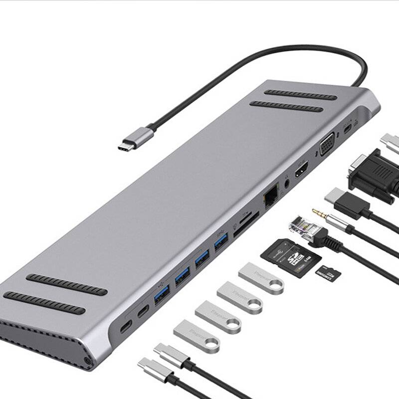 13 i 1 Typ-C Dockningsstation USB-C Hub Splitter-omvandlare med USB2.0 * 3 USB3.0 Typ-C * 3 HDMI RJ45 VGA SD / TF Kortlä