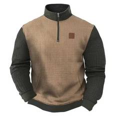 Men's Vintage Quilted Waffle Plaid Color Block Quarter Zip Stand Collar Sweatshirt