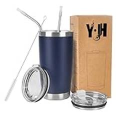 Y·J&H resebehållare med dubbla väggar, vakuumisolerad kaffemugg i rostfritt stål med 2 stänksäkra lock, 2 sugrör och gratis rengöringsborste, BPA-fri