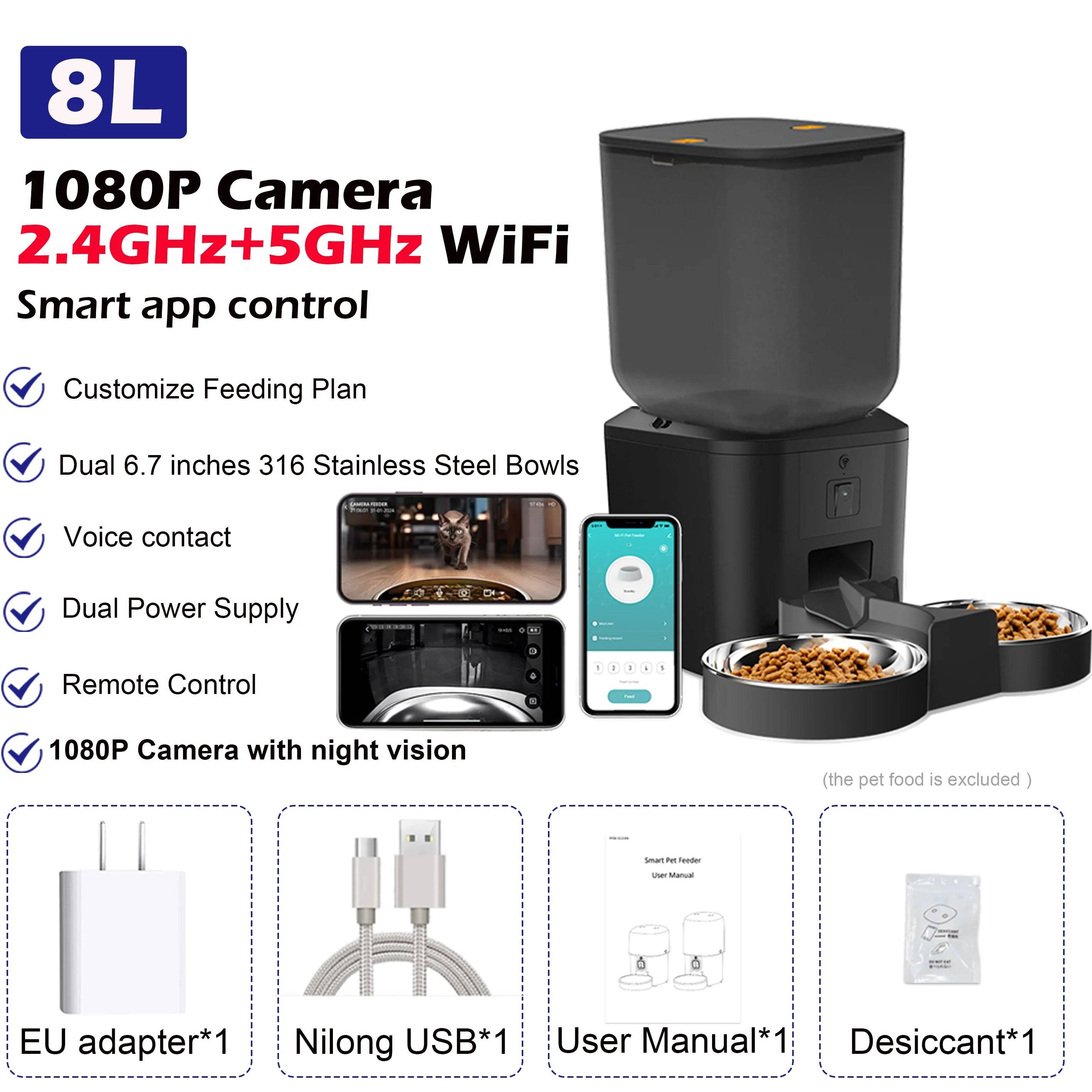 8L Smart Pet Feeder with 1080P Camera, Night Vision & Stainless Steel Bowl — 5G Wi-Fi & Tuya App - 5G Bowlx2 1080P B