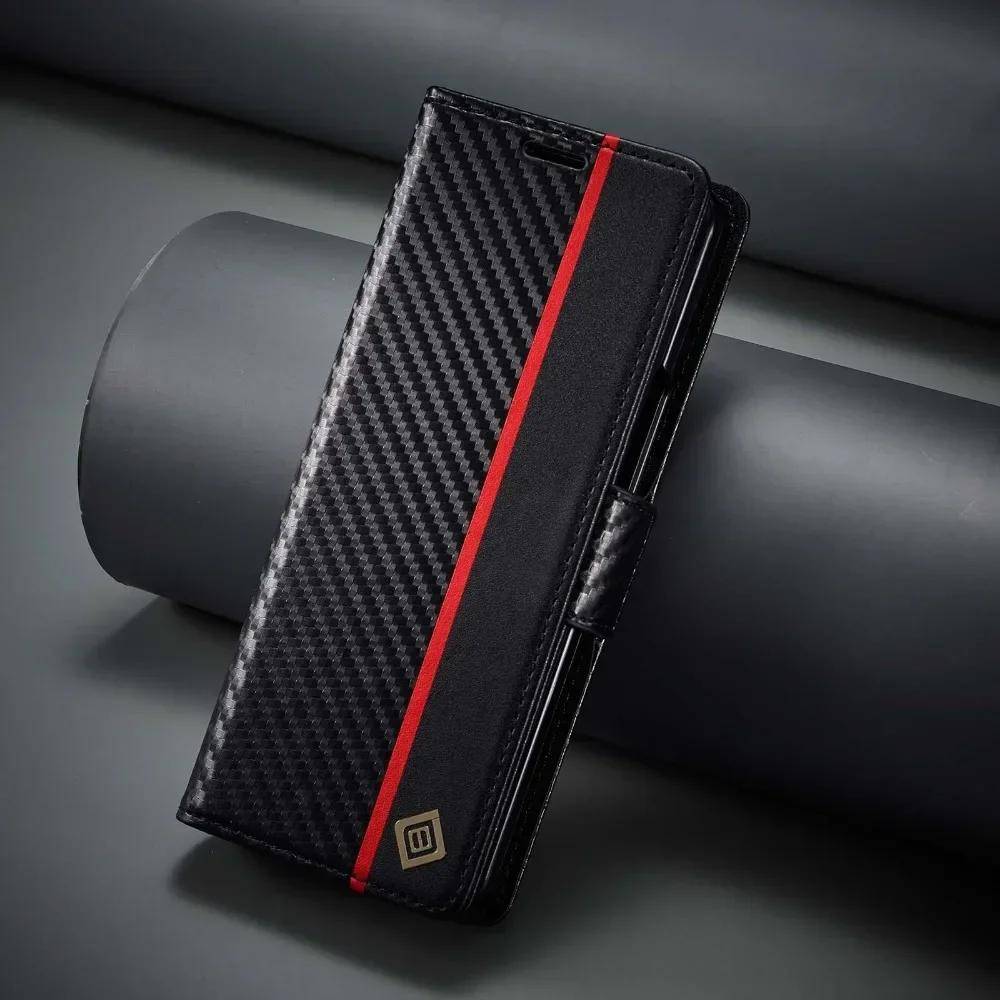Mobilskal i kolfiberläder för Samsung Galaxy Z Fold 6 5 4 3 Fold6 Fold5 Fold4 Magnetiskt flip-plånboksfodral med korthållare