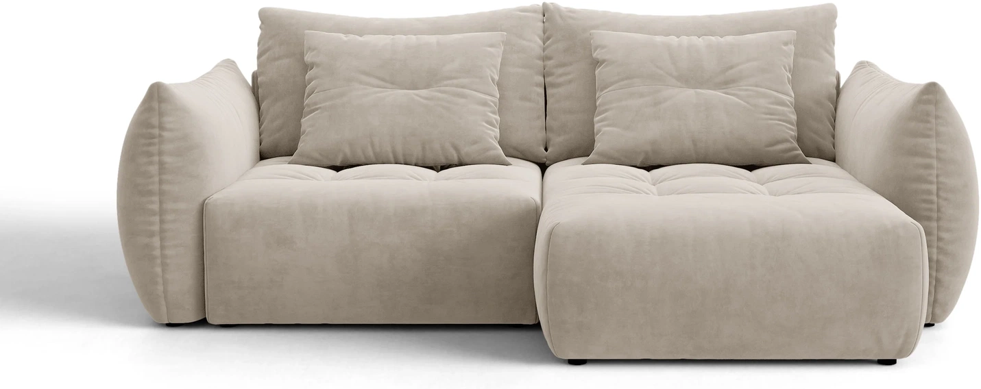 Sovesofa/chaiselongsofa Micadoni Bloom, sand velour, højrevendt med opbevaring, 3-personers, B250×D152×H87 cm.