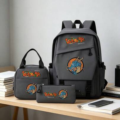 Grå Dragon Ball Shenron anime-tryckt ryggsäcksset, 3 delar skolväska med lunchväska & pennskrin, lätt resedagryggsäck för pojkar och flickor