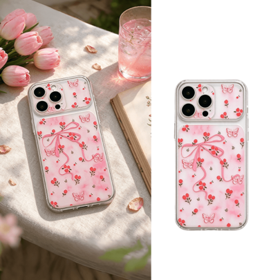 Mjukt rosa gradient blomsterrosett stort fönster mobilskal, fräsch röd blomband rosettmönster, estetisk ljusrosa akvarellbakgrund med små fjärilsmönst - Genomskinlig (Multi-size)