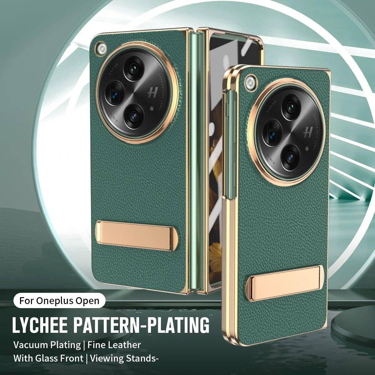 Läderplätering Luxury Kickstand Stötsäkert 360 helskärmsskydd för OnePlus Open Case för Oppo Find N3 telefonfodral grön